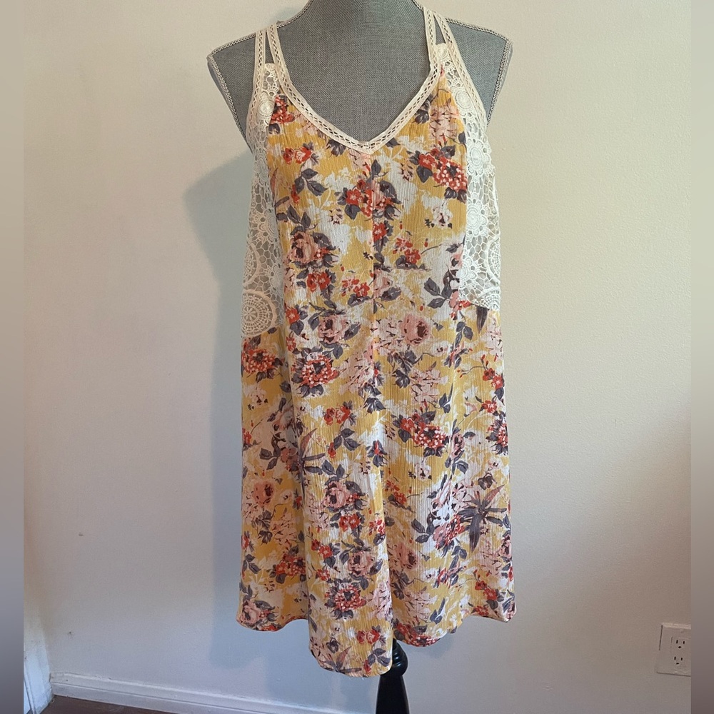 Xhilaration Yellow and Pink Floral Dress with Lace Details.